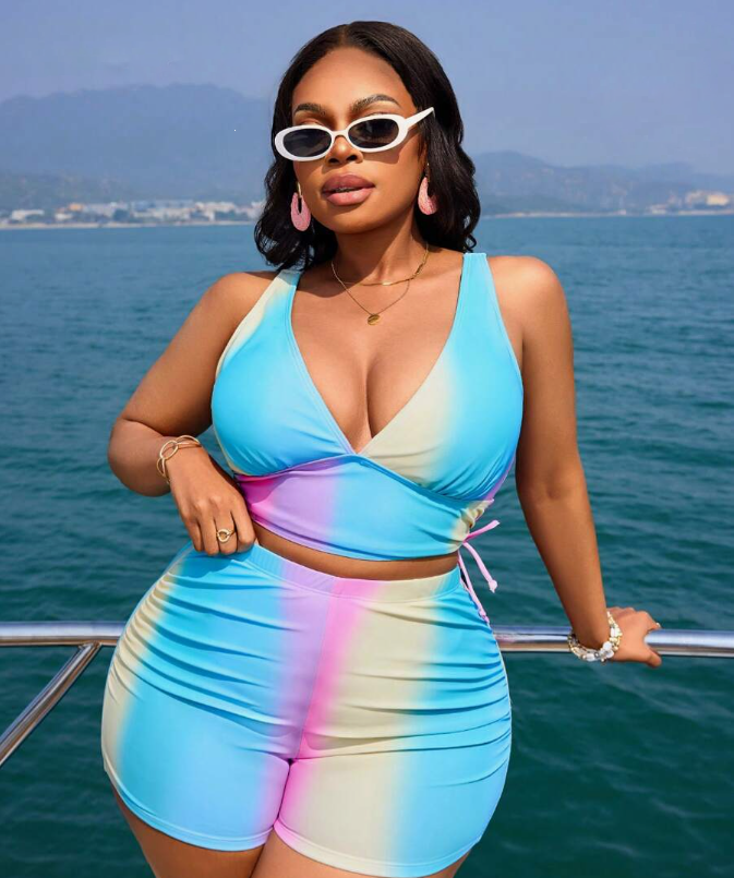 Plus Size 2pcs/Set Colorful Printed High Waist Slimming Bikini Set, Casual Holiday Style, Summer Beach Vacation