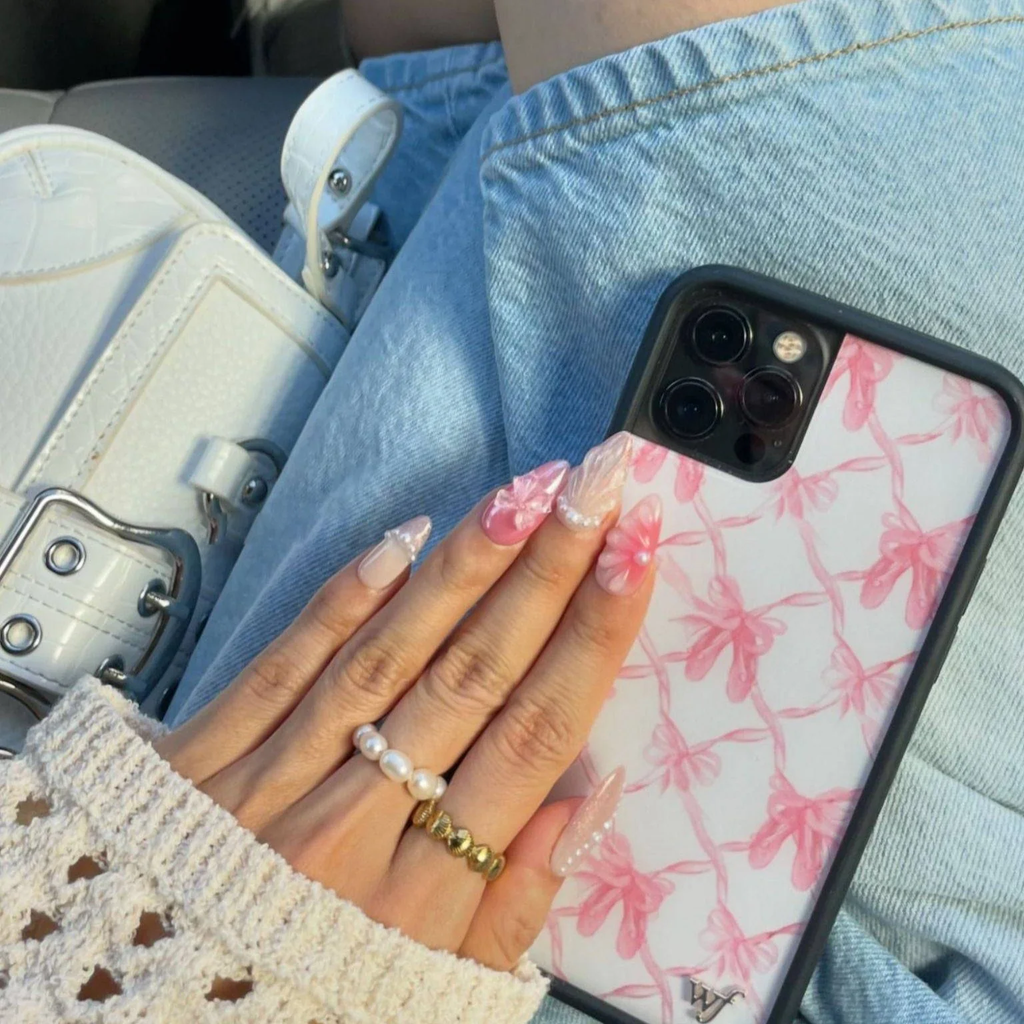 Pink Cat-Eye Ocean Press-On Nails with Pearls & Butterfly Accents