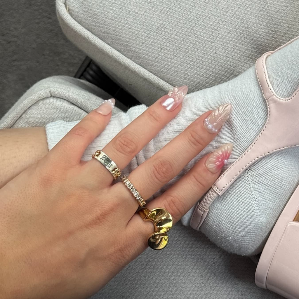 Pink Cat-Eye Ocean Press-On Nails with Pearls & Butterfly Accents