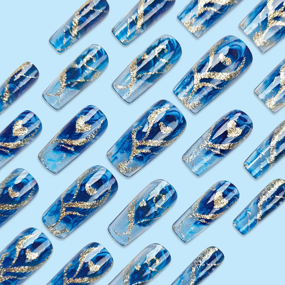 24pcs/Set Glitter Heart Blue Press-On Nails