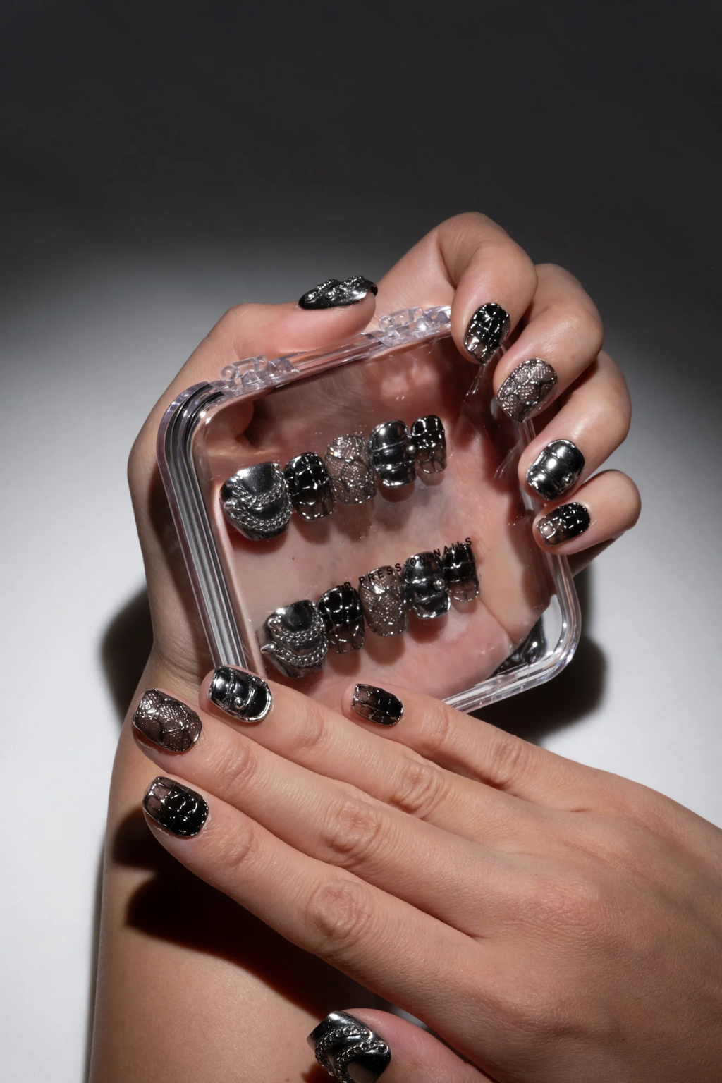 Custom Handmade Luxury Press-on Nails Gothic Black with 3D Silver Chrome Charms Y2K Almond Shape | Fake Gel Nails | Reusable Glue