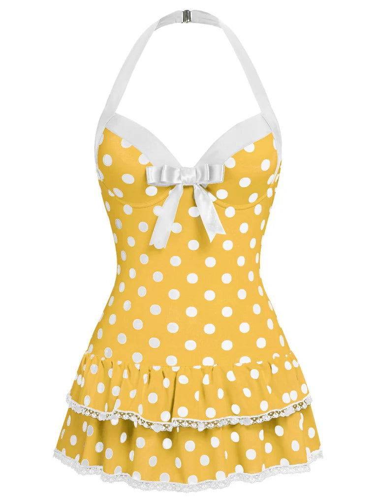 Classical Halter Polka Dots Bow One-Piece Swimsuit