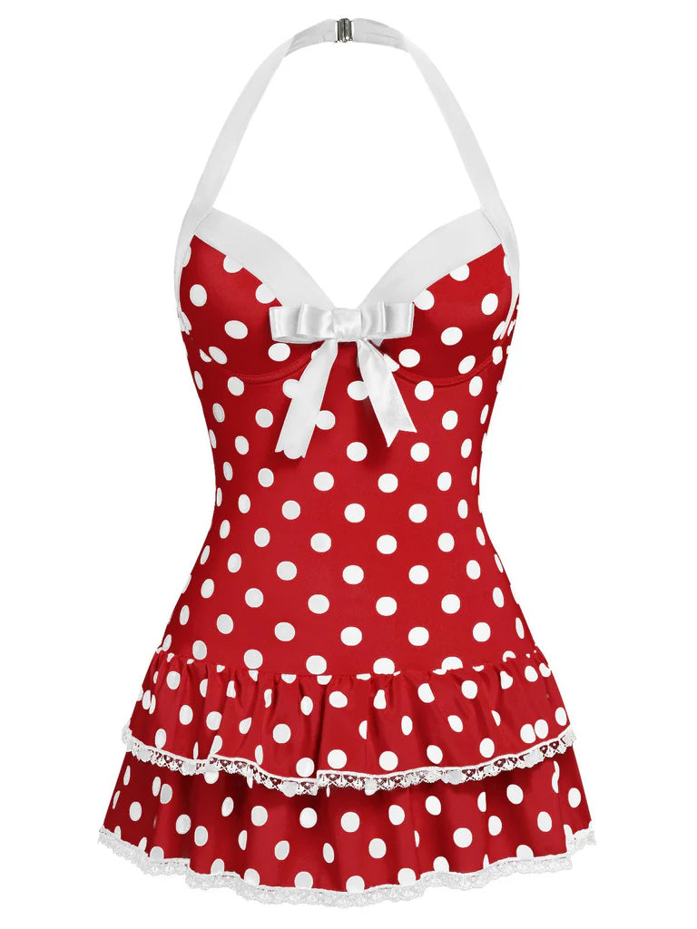 Classical Halter Polka Dots Bow One-Piece Swimsuit