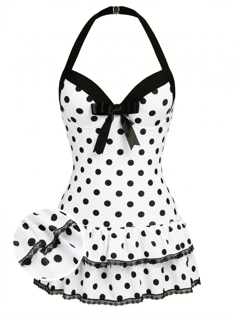 Classical Halter Polka Dots Bow One-Piece Swimsuit