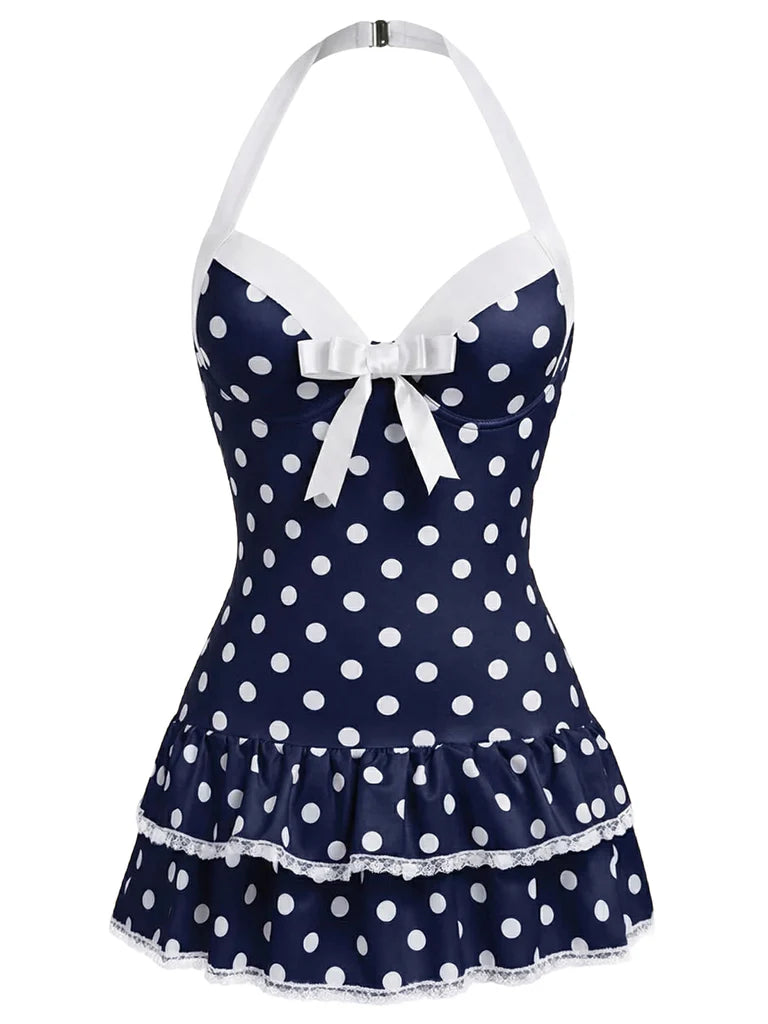 Classical Halter Polka Dots Bow One-Piece Swimsuit