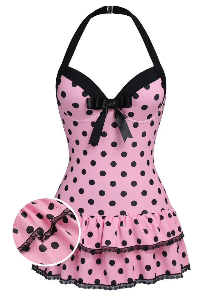Classical Halter Polka Dots Bow One-Piece Swimsuit