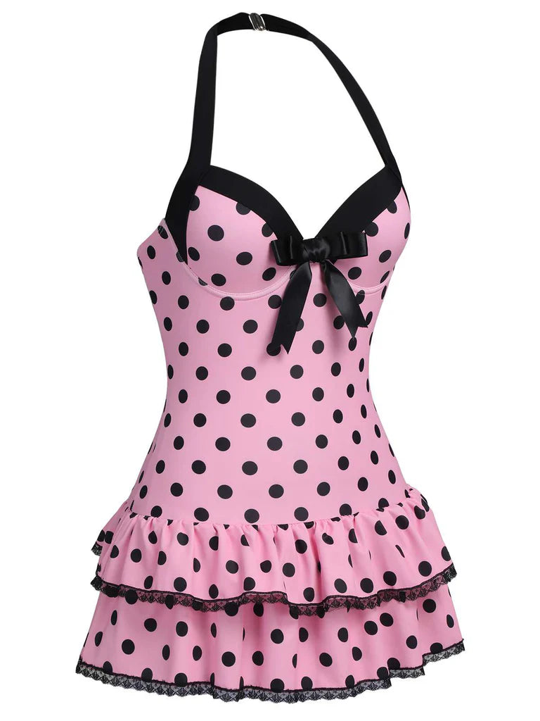 Classical Halter Polka Dots Bow One-Piece Swimsuit