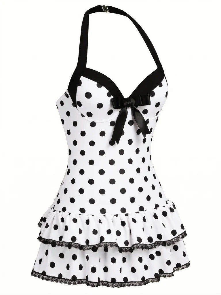 Classical Halter Polka Dots Bow One-Piece Swimsuit
