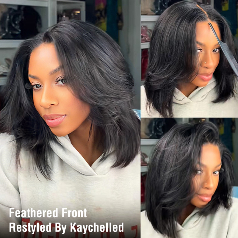 9x6 Layered Cut Bob Straight Wig Natural Black Deep Part Lace Glueless Wig