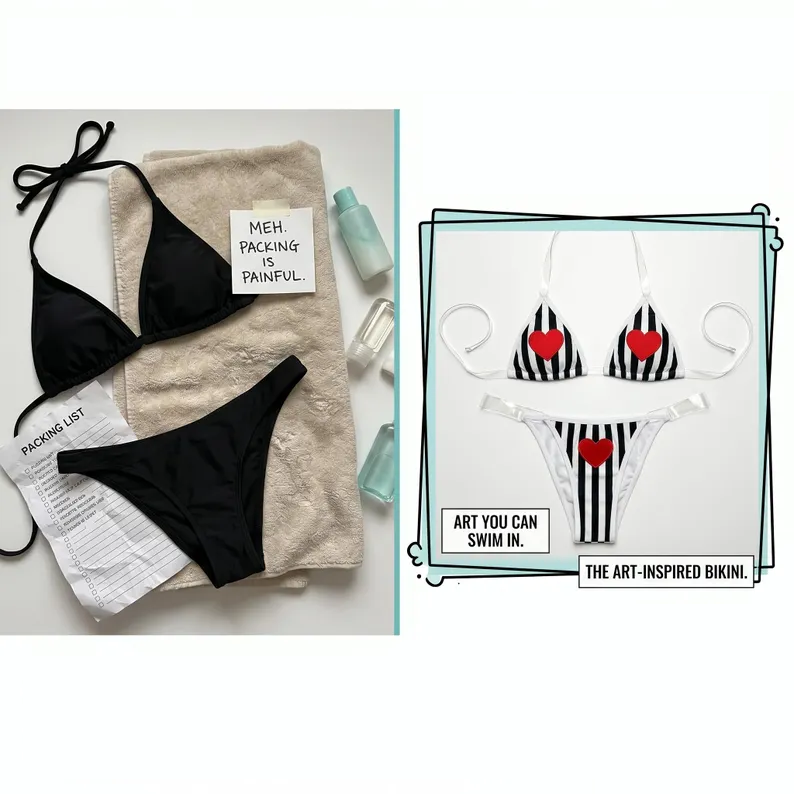 Striped Red Heart Bikini with Clear Transparent Straps - Two Piece Swimsuit Beachwear