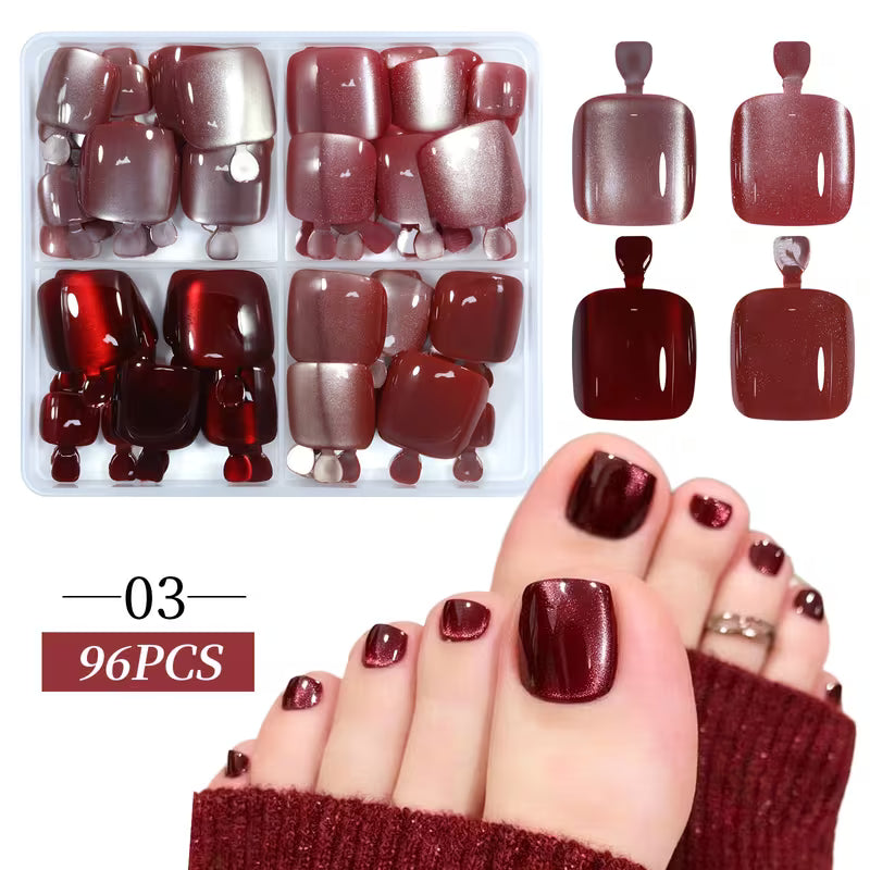 96pcs Press on Toenails 12 Sizes Short Square Fake Nails French Tip Solid Color Glossy Design Natural Fit Reusable False Toenails with Storage Box for Women Summer Beach Party