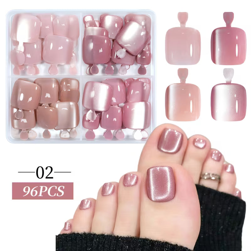 96pcs Press on Toenails 12 Sizes Short Square Fake Nails French Tip Solid Color Glossy Design Natural Fit Reusable False Toenails with Storage Box for Women Summer Beach Party