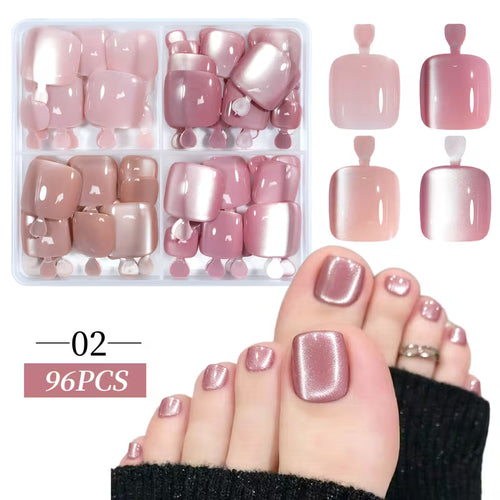 96pcs Press on Toenails 12 Sizes Short Square Fake Nails French Tip Solid Color Glossy Design Natural Fit Reusable False Toenails with Storage Box for Women Summer Beach Party