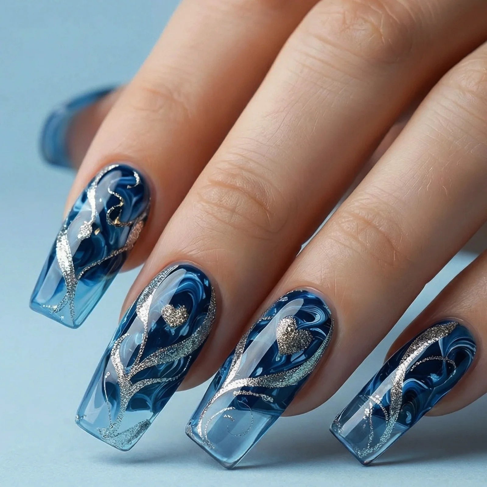 24pcs/Set Glitter Heart Blue Press-On Nails