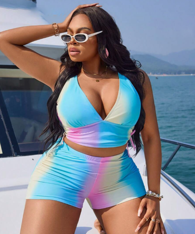 Plus Size 2pcs/Set Colorful Printed High Waist Slimming Bikini Set, Casual Holiday Style, Summer Beach Vacation