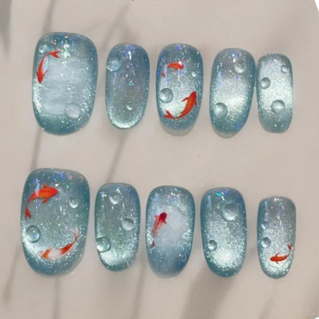 10pcs/Set Blue Ccean Goldfish Press on Nails