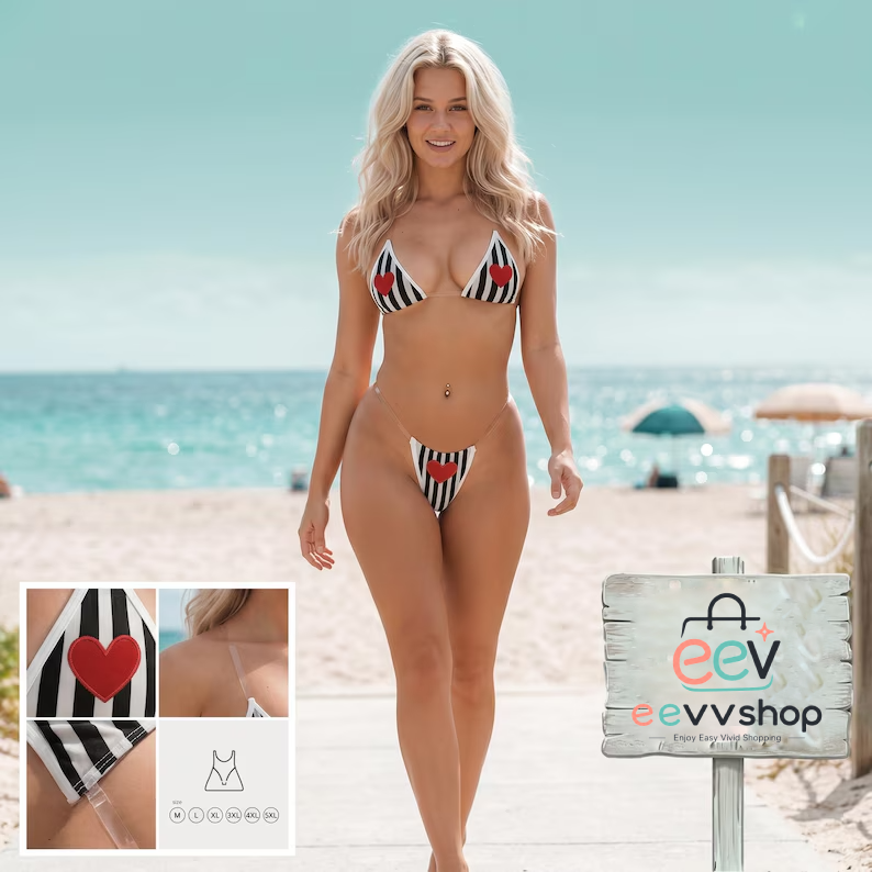 Striped Red Heart Bikini with Clear Transparent Straps - Two Piece Swimsuit Beachwear