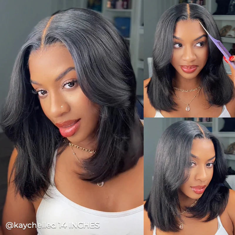 9x6 Layered Cut Bob Straight Wig Natural Black Deep Part Lace Glueless Wig