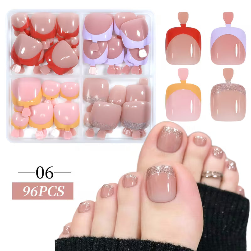 96pcs Press on Toenails 12 Sizes Short Square Fake Nails French Tip Solid Color Glossy Design Natural Fit Reusable False Toenails with Storage Box for Women Summer Beach Party