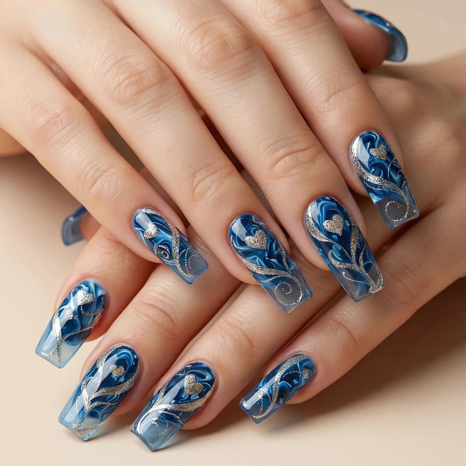 24pcs/Set Glitter Heart Blue Press-On Nails