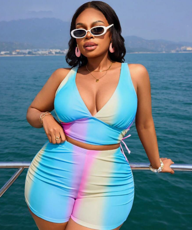 Plus Size 2pcs/Set Colorful Printed High Waist Slimming Bikini Set, Casual Holiday Style, Summer Beach Vacation