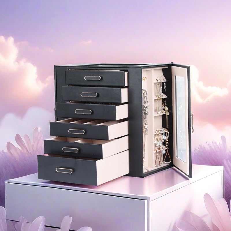 Jewelry Boxes for Women, 6 Layer Jewelry Organizer with Glass Lids, Jewelry Holder Organizer with 6 Drawers and 3 Glass Doors for Jewelry Storage, Big Jewelry Box for Womens Gift