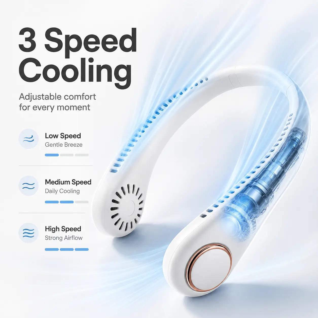 360° Airflow Portable Neck Fan – USB Rechargeable Hands-Free Cooling Fan for Travel, Office & Summer Outdoor Use