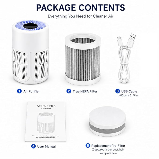 Portable Air Purifier for Home & Office, 360° Air Intake, Quiet Operation, Compact Desktop Air Cleaner for Bedroom, Living Room, Office & Small Rooms, White