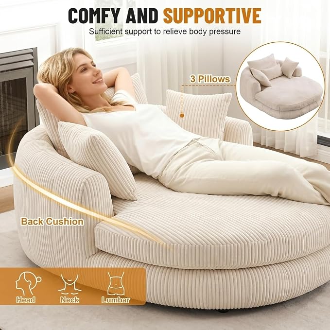 Oversized Chaise Lounge Chair, Deep Seat Chenille Lounge Boneless Sofa with Pillows, Indoor Reading Chair for Living Room, Bedroom or Reading Room, No Assembly Required