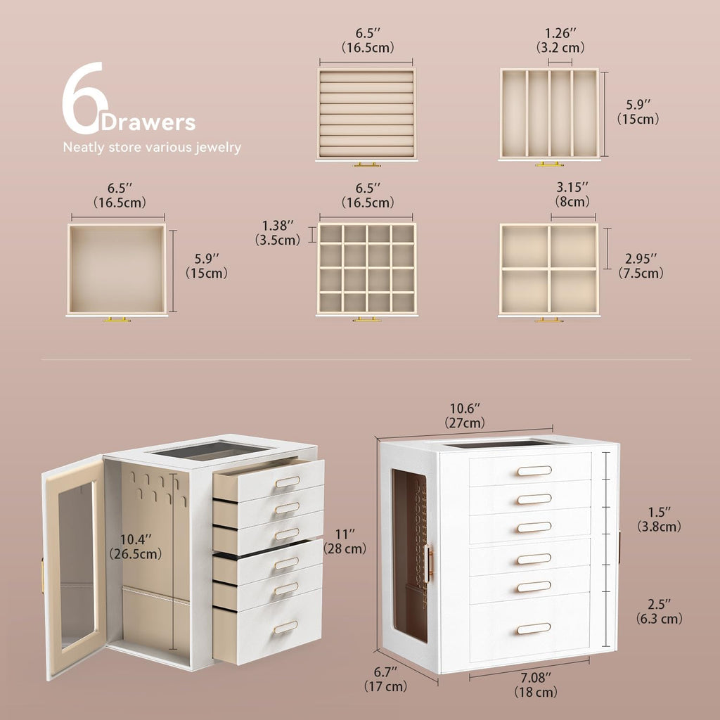 Jewelry Boxes for Women, 6 Layer Jewelry Organizer with Glass Lids, Jewelry Holder Organizer with 6 Drawers and 3 Glass Doors for Jewelry Storage, Big Jewelry Box for Womens Gift