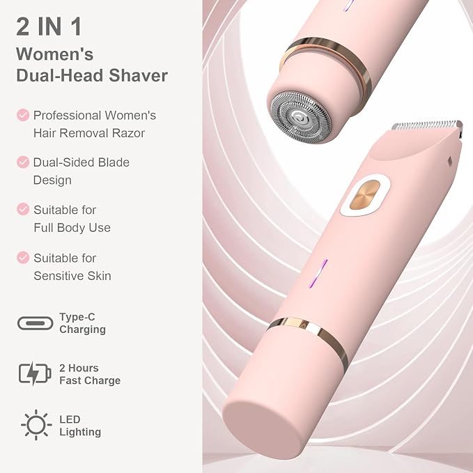 Lady Shavers for Women, 2-in-1 Electric Bikini Trimmer and Facial Hair Remover, Cordless, Wet & Dry, USB-C Rechargeable, Dual Head, for Legs, Underarms & Sensitive Areas, IPX7 Waterproof