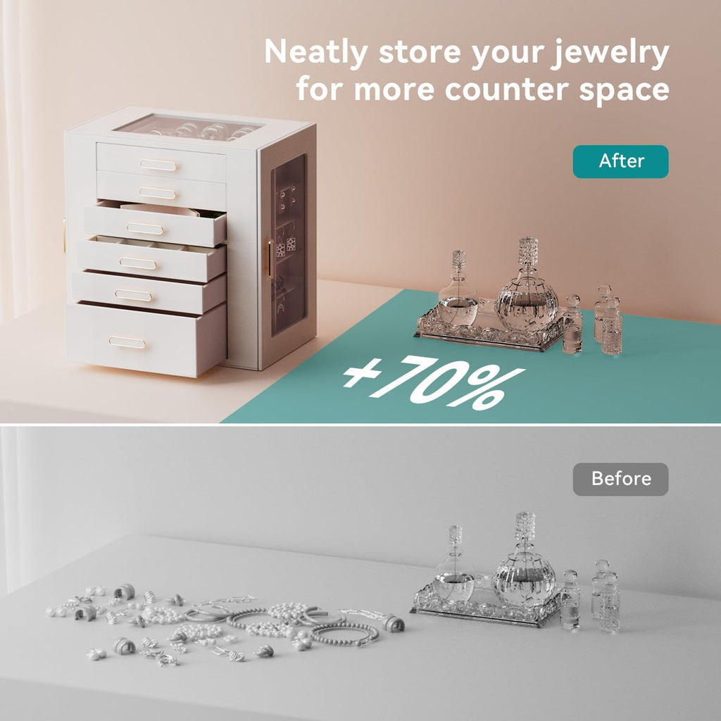 Jewelry Boxes for Women, 6 Layer Jewelry Organizer with Glass Lids, Jewelry Holder Organizer with 6 Drawers and 3 Glass Doors for Jewelry Storage, Big Jewelry Box for Womens Gift