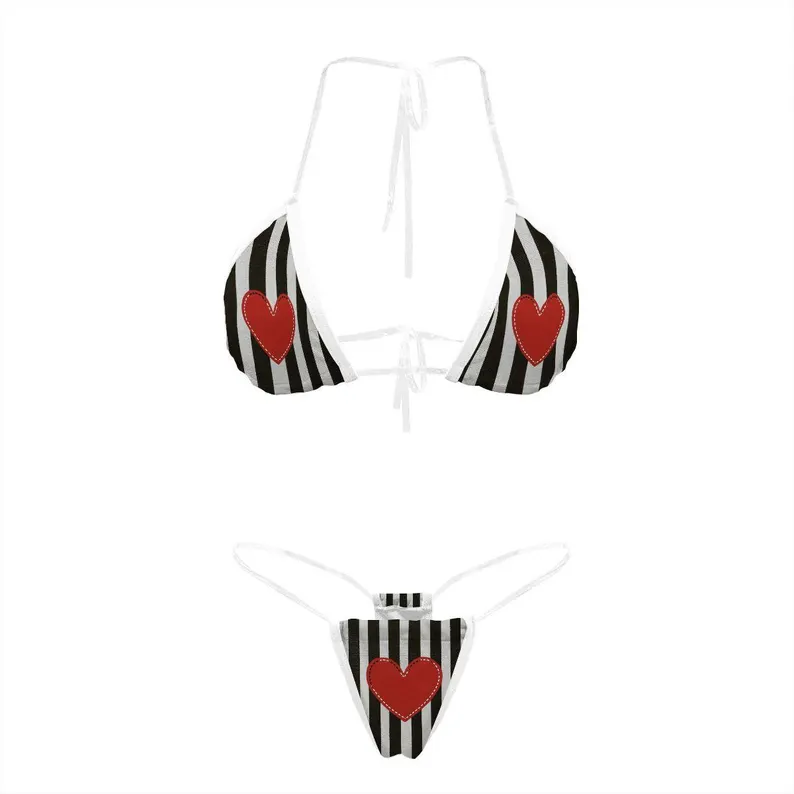 Striped Red Heart Bikini with Clear Transparent Straps - Two Piece Swimsuit Beachwear