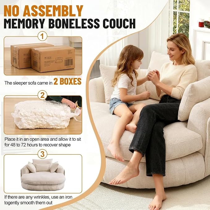 Oversized Chaise Lounge Chair, Deep Seat Chenille Lounge Boneless Sofa with Pillows, Indoor Reading Chair for Living Room, Bedroom or Reading Room, No Assembly Required