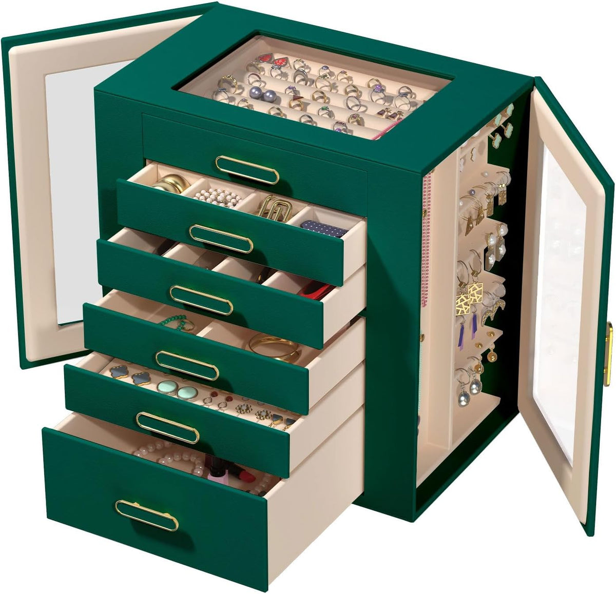 Jewelry Boxes for Women, 6 Layer Jewelry Organizer with Glass Lids, Jewelry Holder Organizer with 6 Drawers and 3 Glass Doors for Jewelry Storage, Big Jewelry Box for Womens Gift