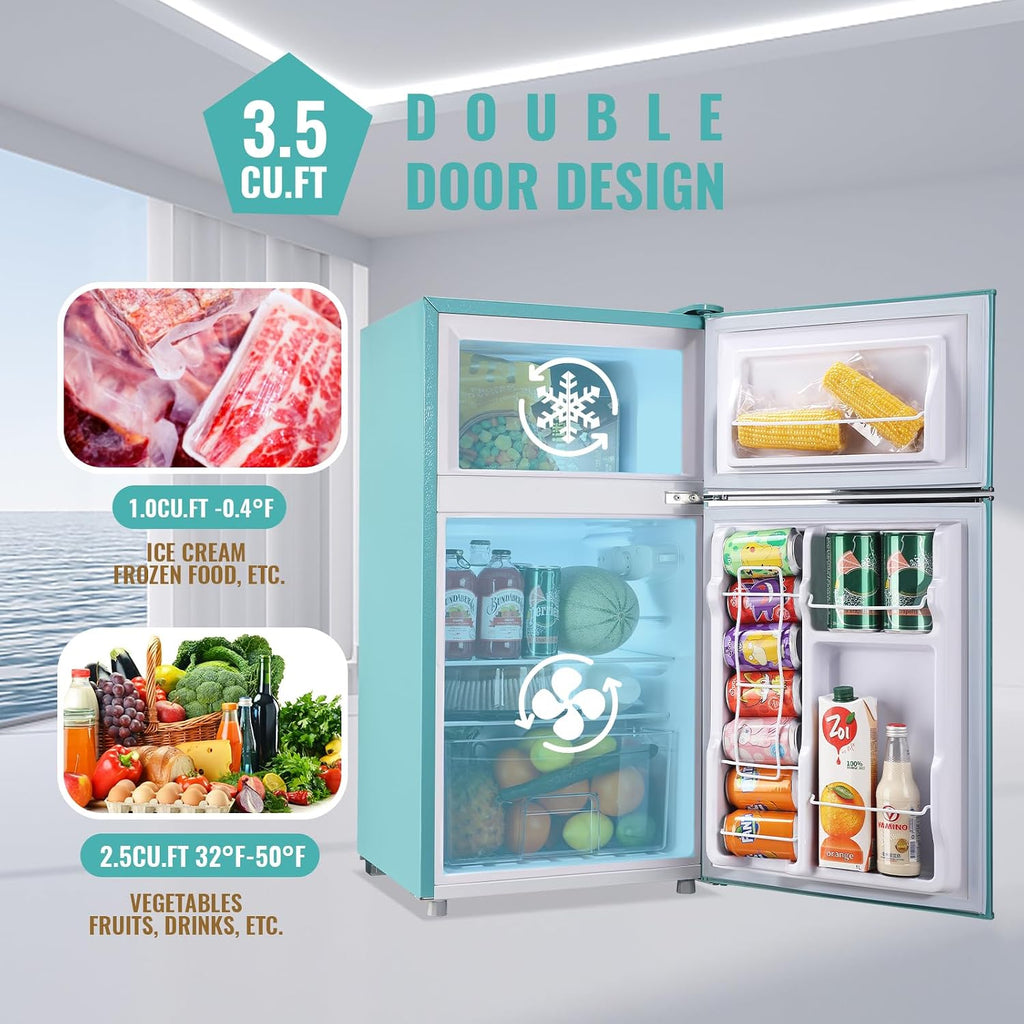 Compact Refrigerator 3.5Cu.Ft Classic Retro 2 Door Mini Fridge Adjustable Remove Glass Shelves Suitable for Dorm Garage and Office