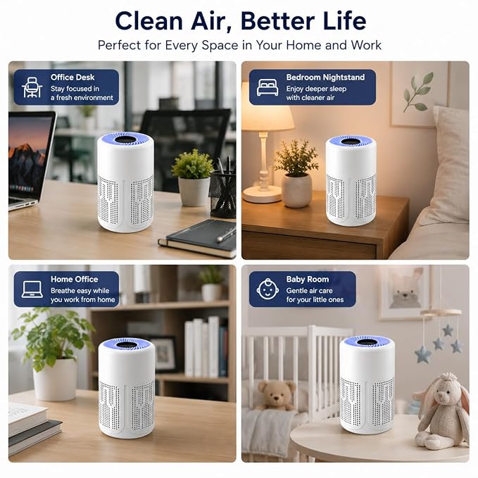 Portable Air Purifier for Home & Office, 360° Air Intake, Quiet Operation, Compact Desktop Air Cleaner for Bedroom, Living Room, Office & Small Rooms, White
