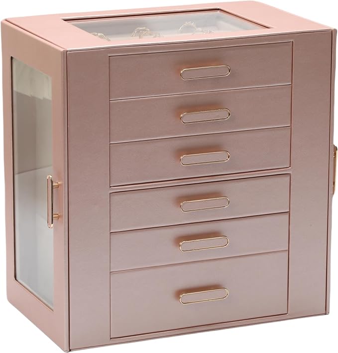 Jewelry Boxes for Women, 6 Layer Jewelry Organizer with Glass Lids, Jewelry Holder Organizer with 6 Drawers and 3 Glass Doors for Jewelry Storage, Big Jewelry Box for Womens Gift