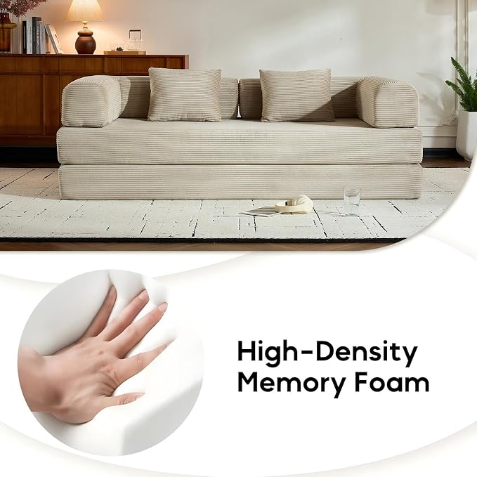 Convertible Sleeper Sofa Bed with Fixed-Shape Frame, Floor Sofa Couch with 2 Pillows, Corduroy Folding Mattress Couch for Living Room Bedroom Apartment Studio, Beige