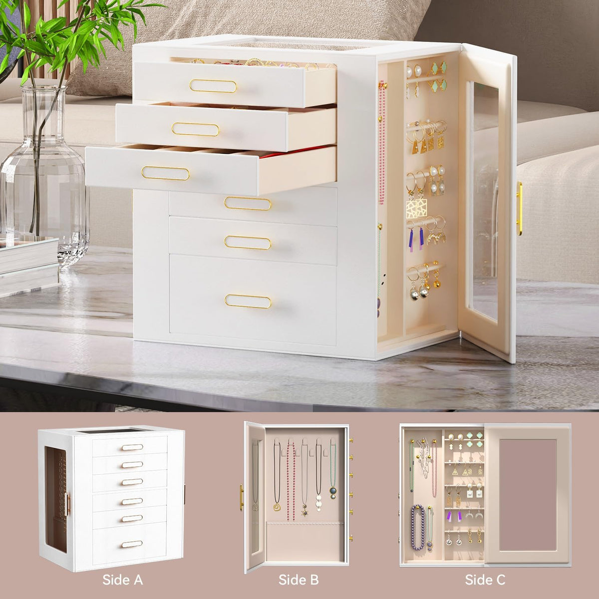 Jewelry Boxes for Women, 6 Layer Jewelry Organizer with Glass Lids, Jewelry Holder Organizer with 6 Drawers and 3 Glass Doors for Jewelry Storage, Big Jewelry Box for Womens Gift