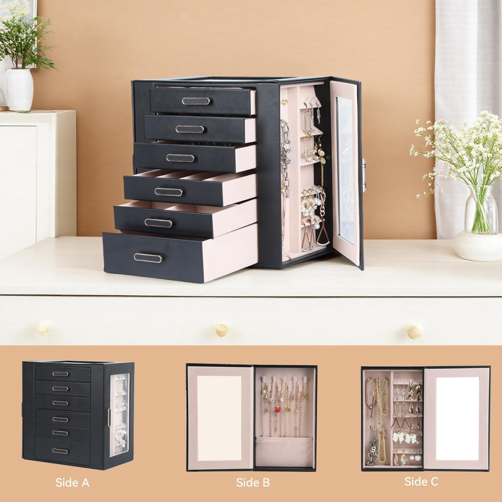 Jewelry Boxes for Women, 6 Layer Jewelry Organizer with Glass Lids, Jewelry Holder Organizer with 6 Drawers and 3 Glass Doors for Jewelry Storage, Big Jewelry Box for Womens Gift