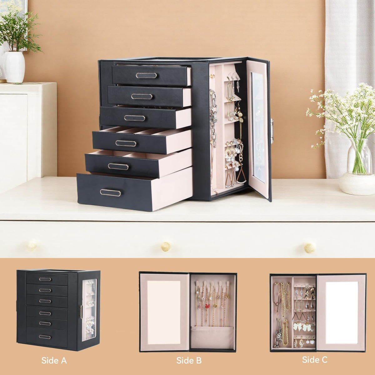 Jewelry Boxes for Women, 6 Layer Jewelry Organizer with Glass Lids, Jewelry Holder Organizer with 6 Drawers and 3 Glass Doors for Jewelry Storage, Big Jewelry Box for Womens Gift