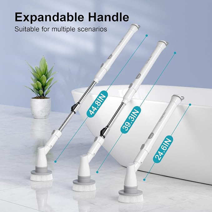 Cordless Electric Spin Scrubber with 4 Brush Heads, Adjustable Long Handle, 2 Speeds for Bathroom, Tile, Floor & Tub Cleaning
