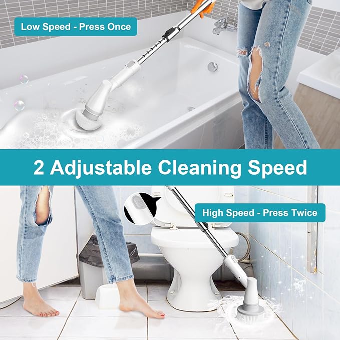 Cordless Electric Spin Scrubber with 4 Brush Heads, Adjustable Long Handle, 2 Speeds for Bathroom, Tile, Floor & Tub Cleaning