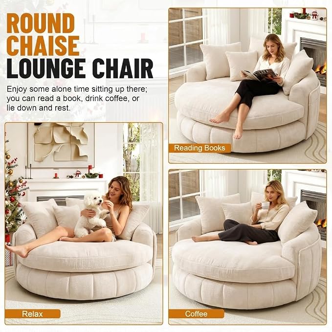Oversized Chaise Lounge Chair, Deep Seat Chenille Lounge Boneless Sofa with Pillows, Indoor Reading Chair for Living Room, Bedroom or Reading Room, No Assembly Required