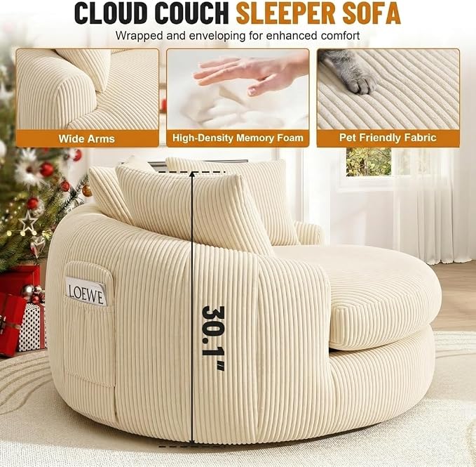 Oversized Chaise Lounge Chair, Deep Seat Chenille Lounge Boneless Sofa with Pillows, Indoor Reading Chair for Living Room, Bedroom or Reading Room, No Assembly Required