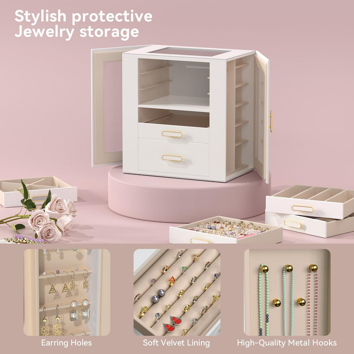 Jewelry Boxes for Women, 6 Layer Jewelry Organizer with Glass Lids, Jewelry Holder Organizer with 6 Drawers and 3 Glass Doors for Jewelry Storage, Big Jewelry Box for Womens Gift