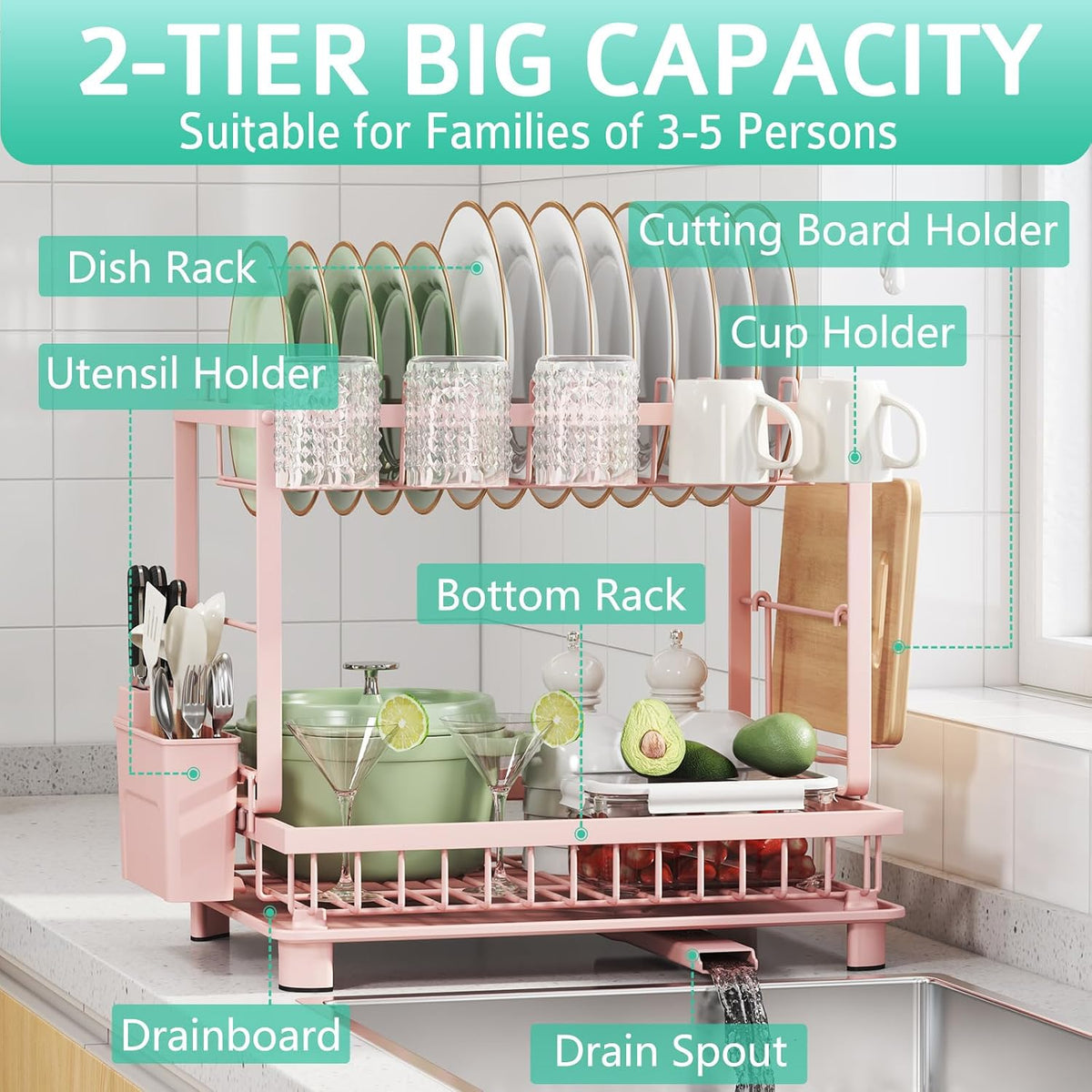 Pink Dish Rack,Drying Dish Rack Over Sink Dish Rack,Kitchen Organization Dish Drainer for Kitchen Counter
