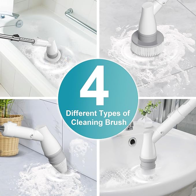 Cordless Electric Spin Scrubber with 4 Brush Heads, Adjustable Long Handle, 2 Speeds for Bathroom, Tile, Floor & Tub Cleaning