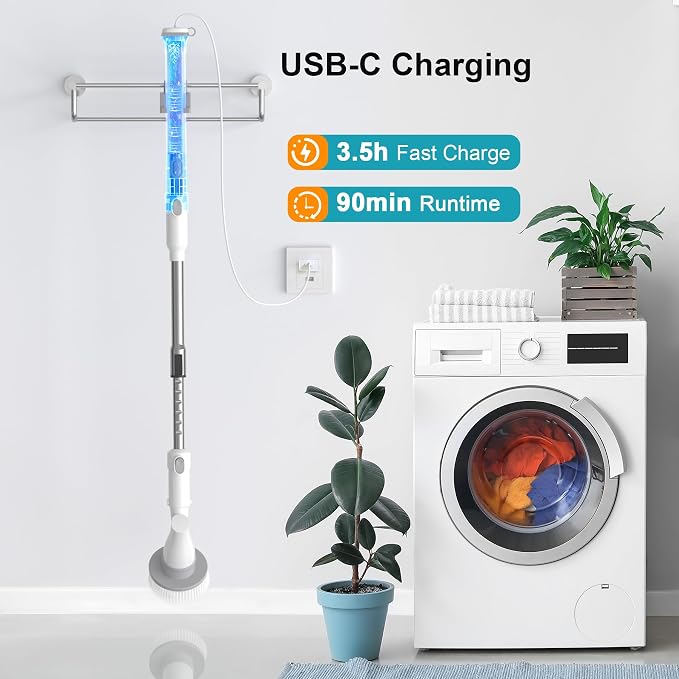 Cordless Electric Spin Scrubber with 4 Brush Heads, Adjustable Long Handle, 2 Speeds for Bathroom, Tile, Floor & Tub Cleaning